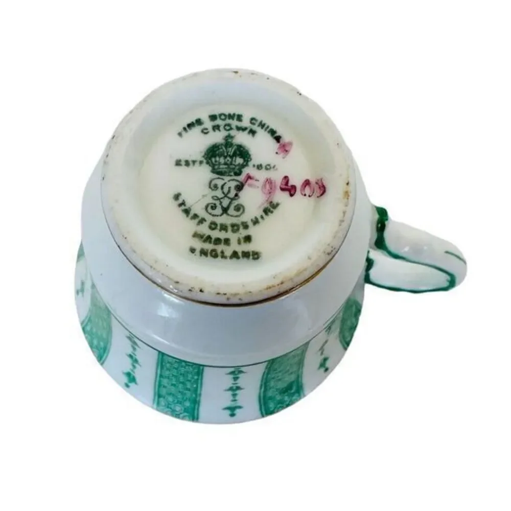 Crown Staffordshire Fine Bone China Demitasse Cup &‎ Saucer Green Lace Pink Rose